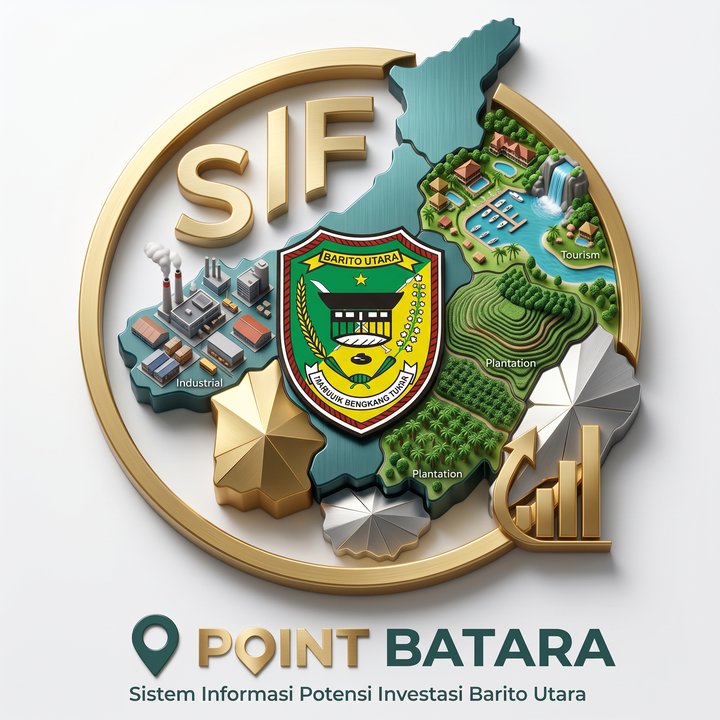 Logo resmi SIF POINT BATARA: lambang Kabupaten Barito Utara di atas peta wilayah dengan kawasan industri, perkebunan, pariwisata, dan grafik pertumbuhan dalam cincin emas